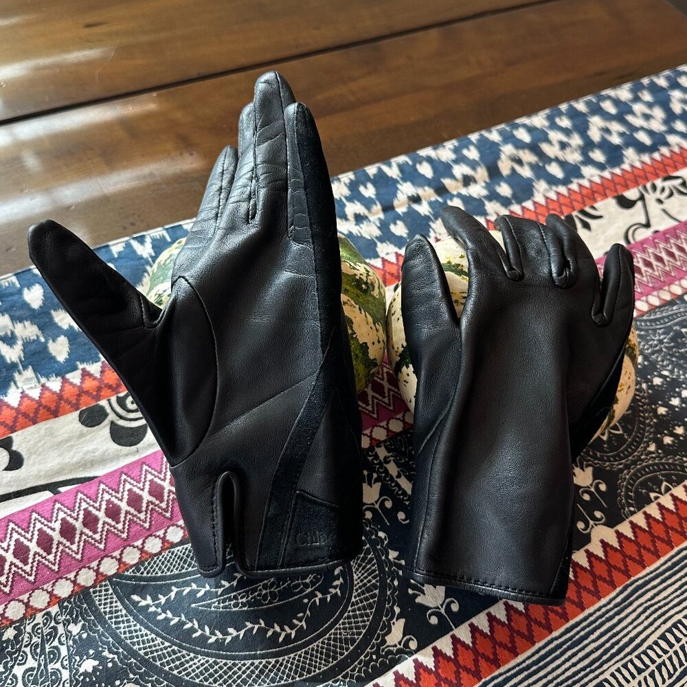 Chloe' Gloves, Black Leather and Suede, Size 20cm, EUC